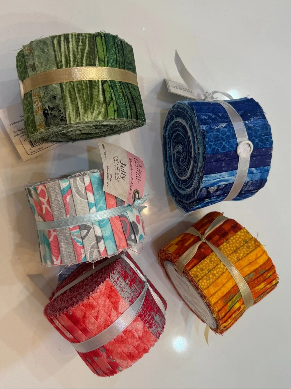 5 unopened Joann Fabric Jelly Roll Sets in Blue, Green, Orange, Red, asst - NEW